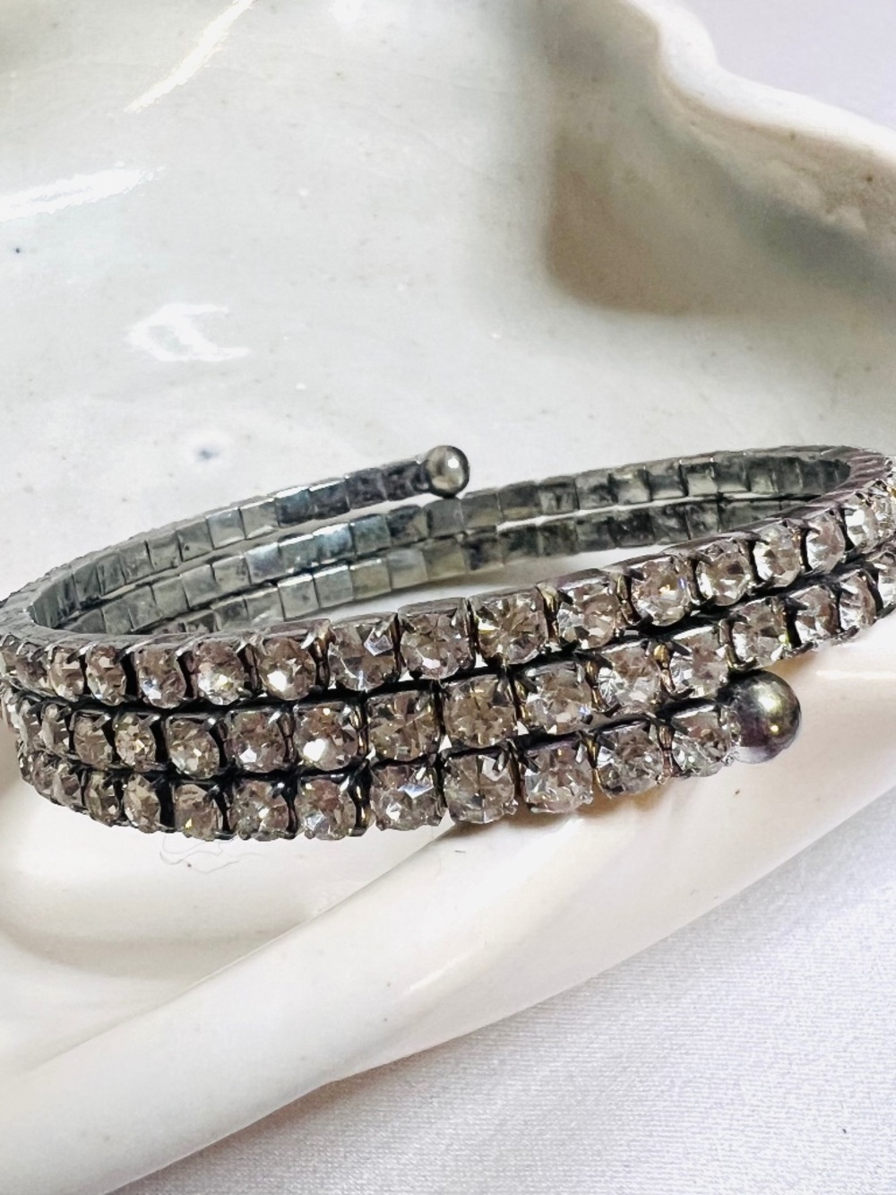Vintage Mid-Century 3-Row Clear Rhinestone Spiral Coil Bracelet